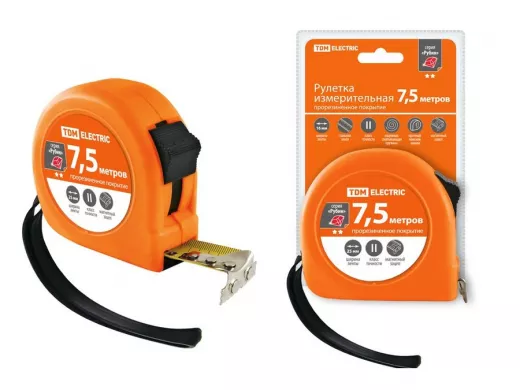 Рулетка TDM 7,5 м, стальная лента, ширина 25 мм, прорезиненное покрытие, магнит, "Рубин" SQ1018-0107