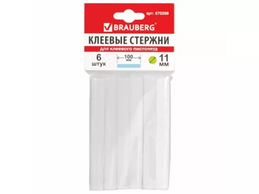 Клеевые стержни, диаметр 11,0мм, длина 100мм, белые, КОМПЛЕКТ 6 штук "BR-79848", европодвес