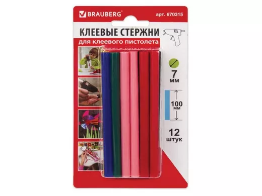 Клеевые стержни, диаметр  7,0мм, длина 100мм, цветные (ассорти), КОМПЛЕКТ 12 штук "BR-79869",блистер