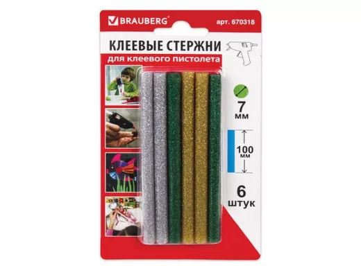 Клеевые стержни, диаметр  7,0мм, длина 100мм,цветные(ассорти),С БЛЕСТКАМИ,КОМПЛЕКТ 6 штук "BR-79872"